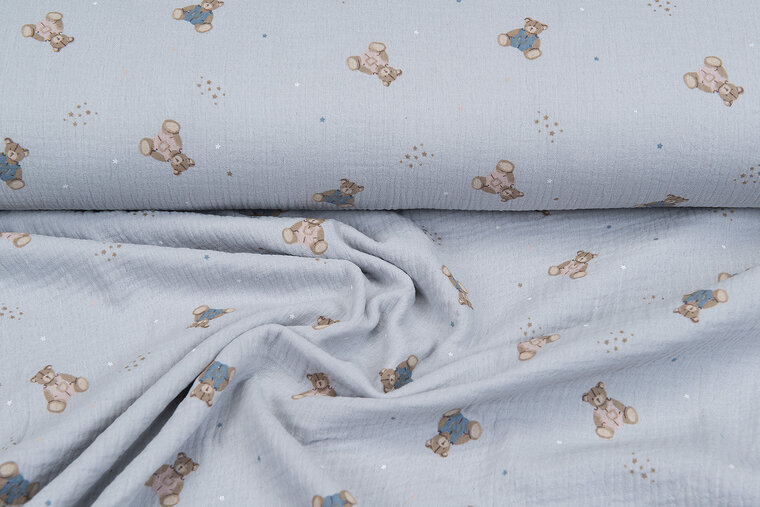 Katoenen mousseline bedrukt little bears grijs