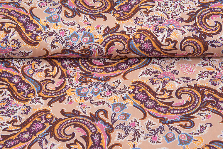 Viscose bedrukt bohemian paisley poplin stretch oudroze