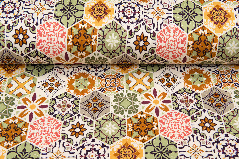 Viscose bedrukt boho tiles groen-roest