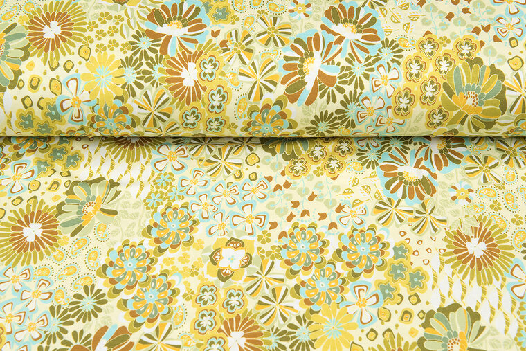Viscose bedrukt sixties flowers lichtgroen-mint
