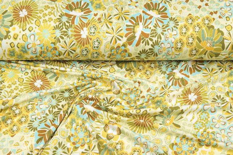 Viscose bedrukt sixties flowers lichtgroen-mint