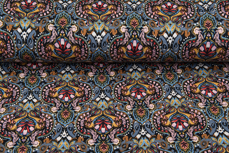 Viscose bedrukt retro flowers metaalblauw-roest