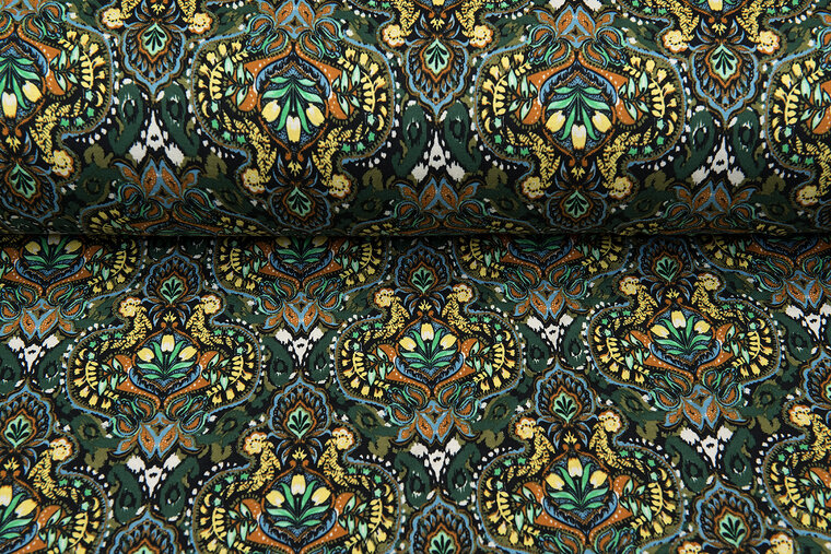 Viscose bedrukt retro flowers groen-roest