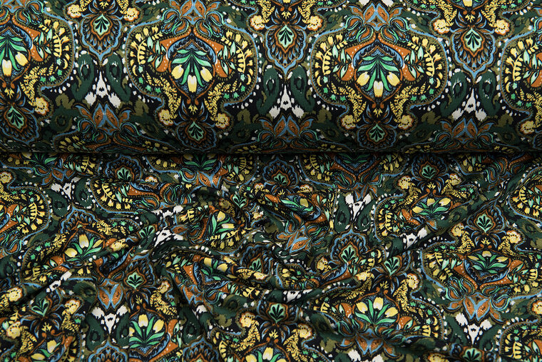 Viscose bedrukt retro flowers groen-roest
