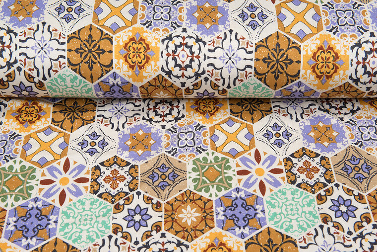 Viscose bedrukt boho tiles oker-lila