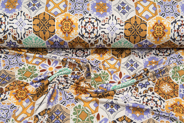 Viscose bedrukt boho tiles oker-lila