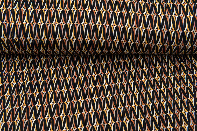 Viscose bedrukt retro motif zwart-roest