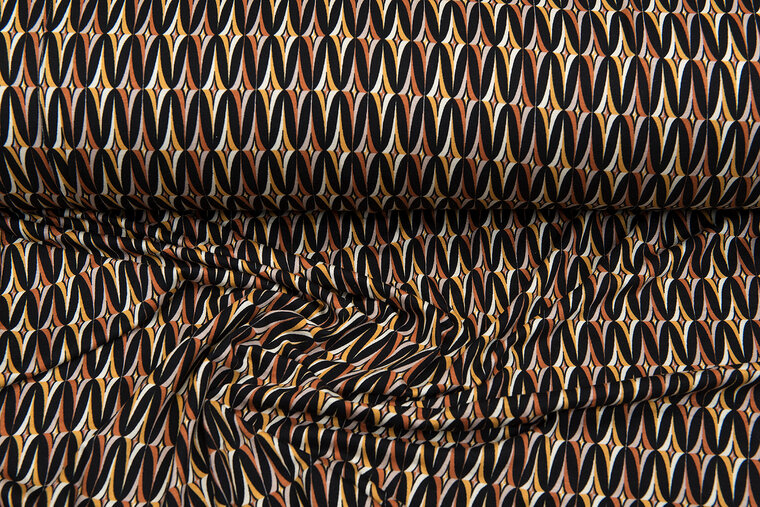 Viscose bedrukt retro motif zwart-roest