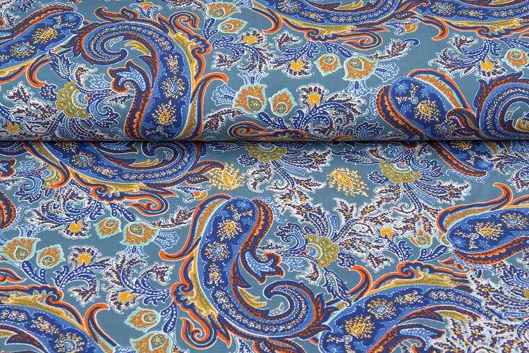 Viscose bedrukt bohemian paisley poplin stretch metaalblauw