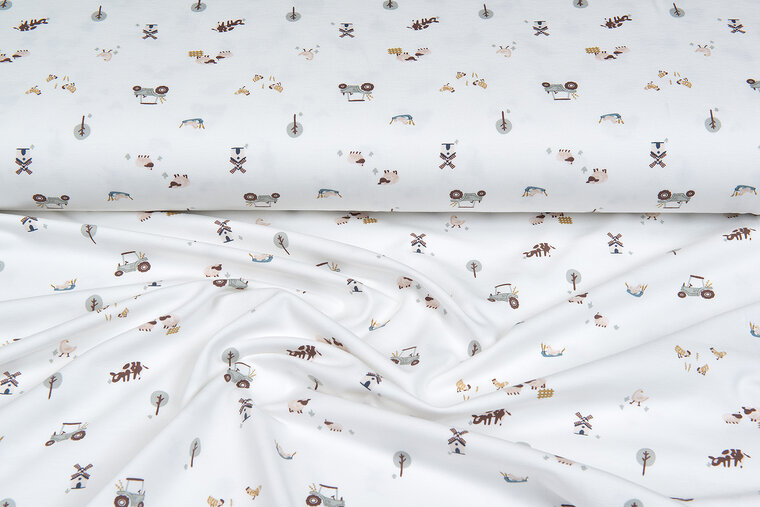 Katoenen Tricot bedrukt little farm ecru