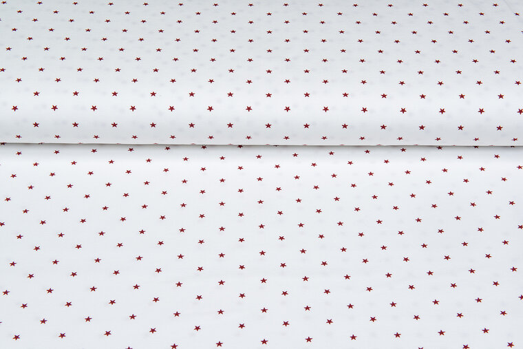 Katoenen Tricot bedrukt mini stars ecru - rood