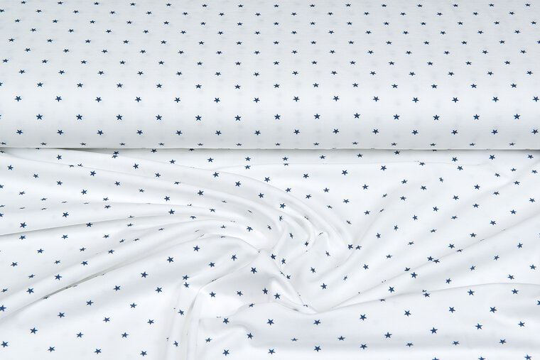 Katoenen Tricot bedrukt mini stars ecru - metaalblauw