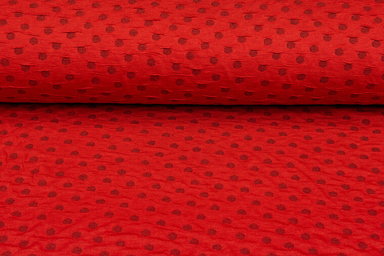 Gebreide stof dots rood-donkergrijs