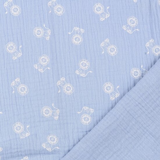 Katoenen mousseline bedrukt little lions pastelblauw