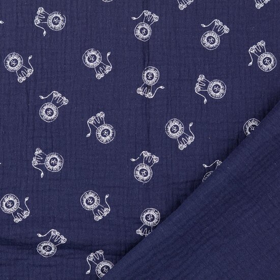 Katoenen mousseline bedrukt little lions donkerblauw