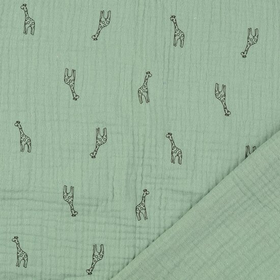 Katoenen mousseline bedrukt little giraffe pastel mint