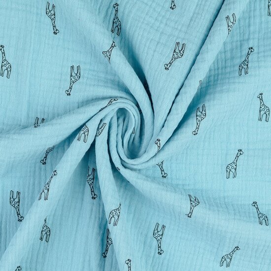 Katoenen mousseline bedrukt little giraffe turquoise