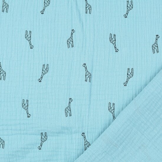 Katoenen mousseline bedrukt little giraffe turquoise