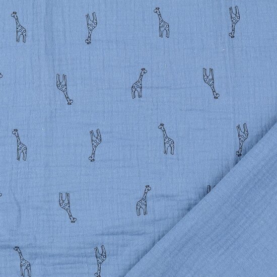 Katoenen mousseline bedrukt little giraffe metaalblauw