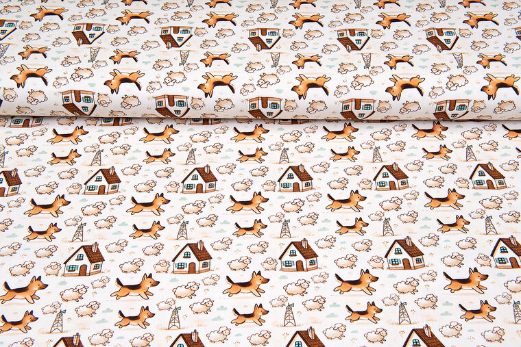 Katoenen Tricot digitaal bedrukt little dogs with sheep