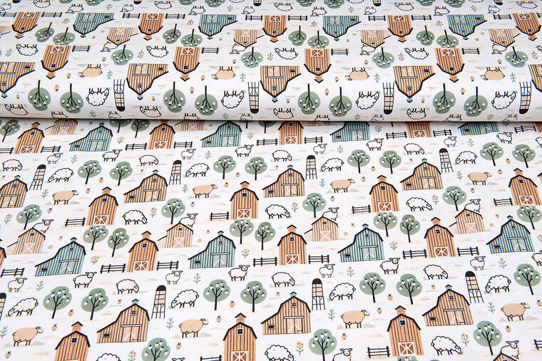 Katoenen Tricot digitaal bedrukt little farm with sheep