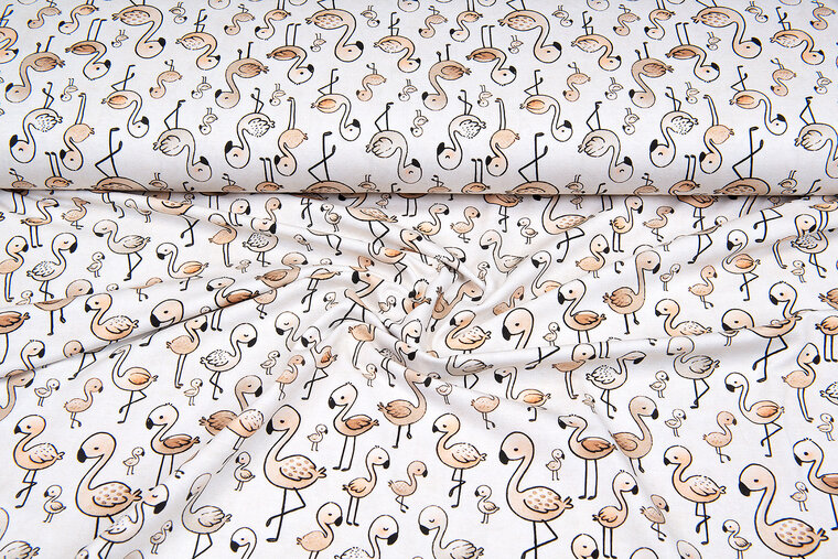 Katoenen Tricot digitaal bedrukt lovely flamingo lichtzand