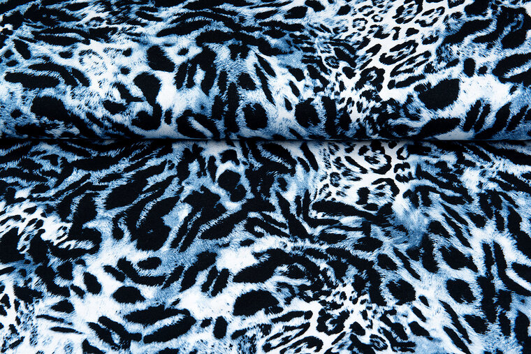 Katoenen Tricot bedrukt panther blauw-wit