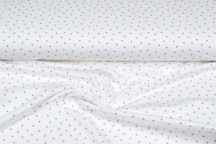 Katoenen Tricot bedrukt mini hearts ecru - oudroze