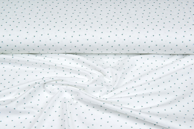 Katoenen Tricot bedrukt mini hearts ecru - oudgroen