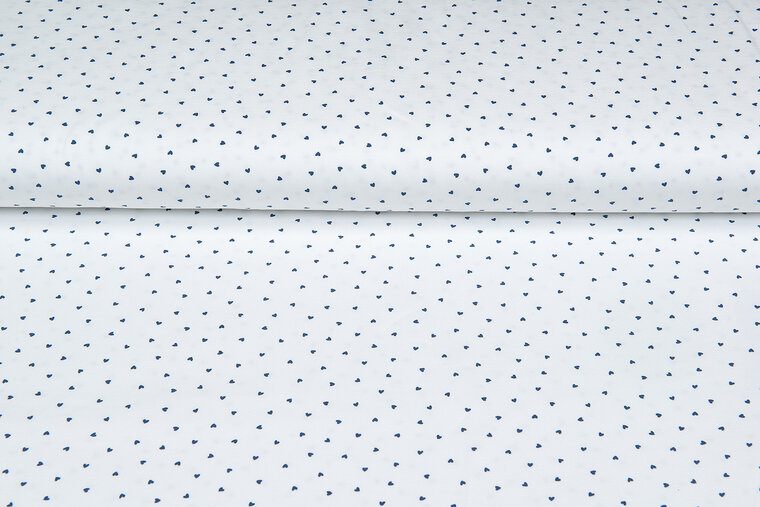 Katoenen Tricot bedrukt mini hearts ecru - blauw