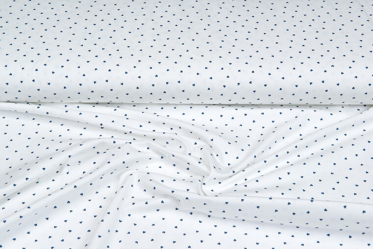 Katoenen Tricot bedrukt mini hearts ecru - blauw