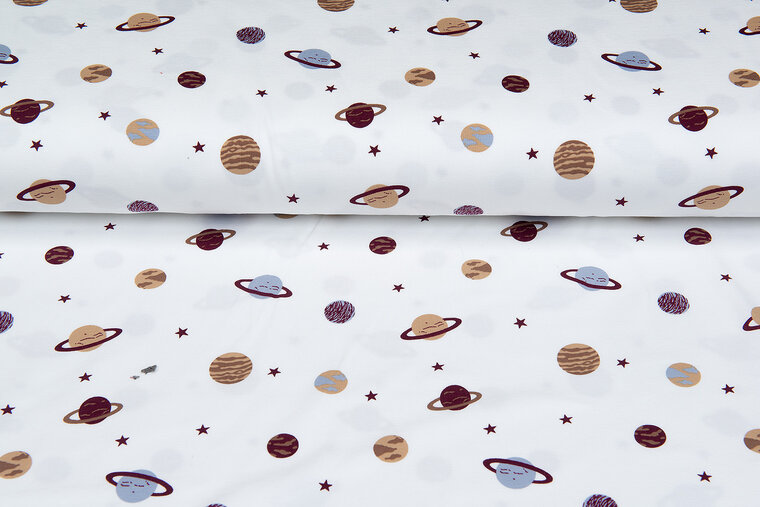 Katoenen Tricot bedrukt mini astro world ecru - bordeaux