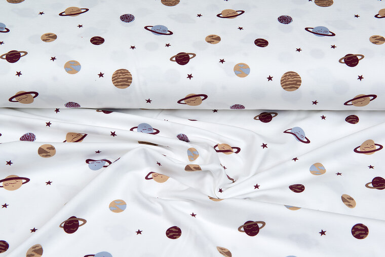 Katoenen Tricot bedrukt mini astro world ecru - bordeaux