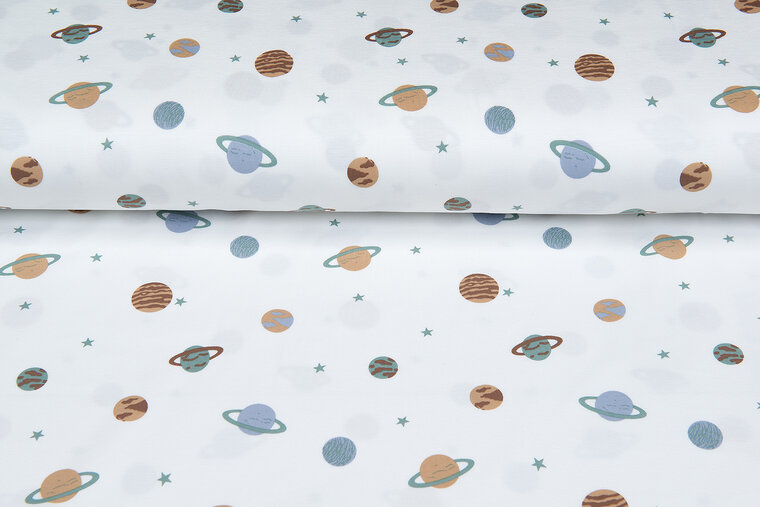 Katoenen Tricot bedrukt mini astro world ecru - oudgroen