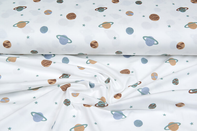 Katoenen Tricot bedrukt mini astro world ecru - oudgroen