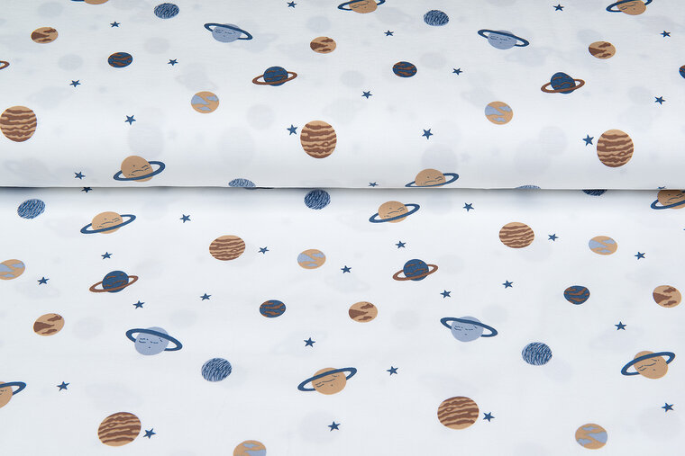 Katoenen Tricot bedrukt mini astro world ecru - metaalblauw