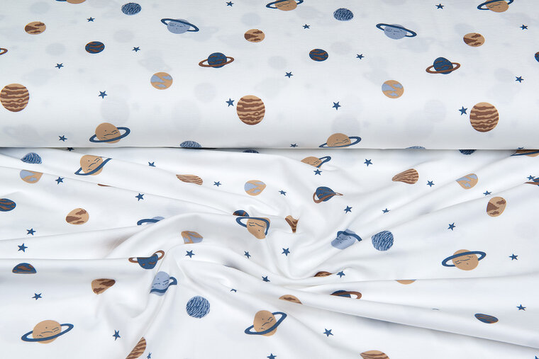 Katoenen Tricot bedrukt mini astro world ecru - metaalblauw
