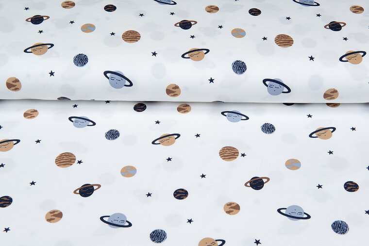 Katoenen Tricot bedrukt mini astro world ecru - donkerblauw