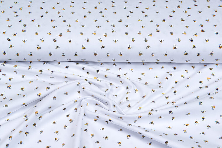 Katoenen Tricot bedrukt mini bee wit