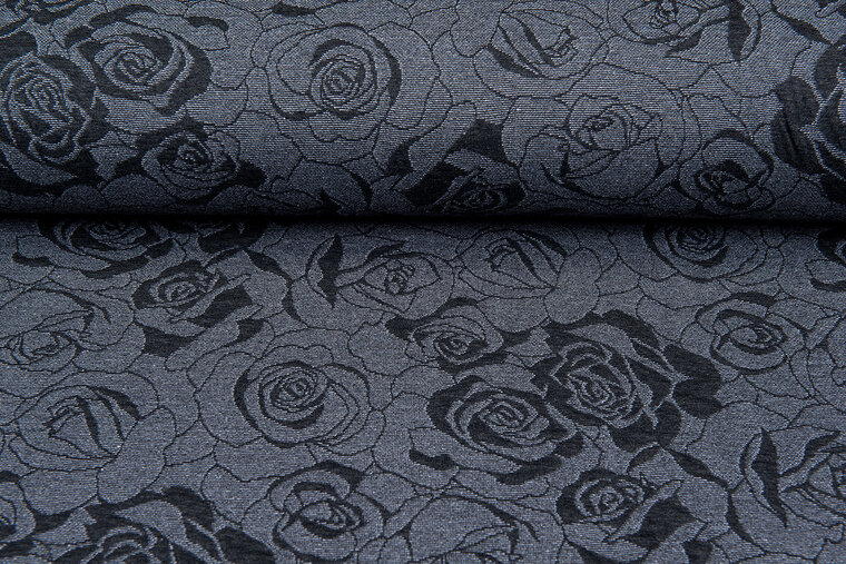 Gebreide Jacquard stof roses grijs-donkerblauw