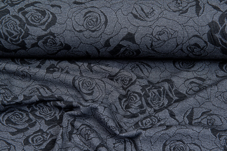 Gebreide Jacquard stof roses grijs-donkerblauw