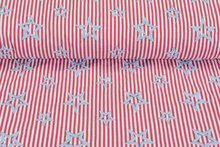 Katoen Poplin streep geborduurd ster JS363 rood-lichtgrijs