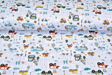 Katoenen Tricot bedrukt city cars wit