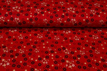 Katoen Poplin bedrukt kerst stars rood-goud