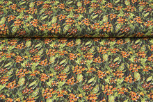 Katoenen Tricot bedrukt digitaal flowers groen-oranje
