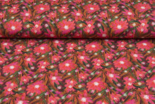 Katoenen Tricot bedrukt digitaal fantasy flowers rood-groen