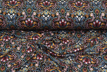Viscose bedrukt retro flowers metaalblauw-roest