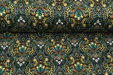Viscose bedrukt retro flowers groen-roest