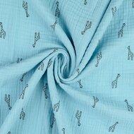 Katoenen mousseline bedrukt little giraffe turquoise