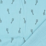 Katoenen mousseline bedrukt little giraffe turquoise
